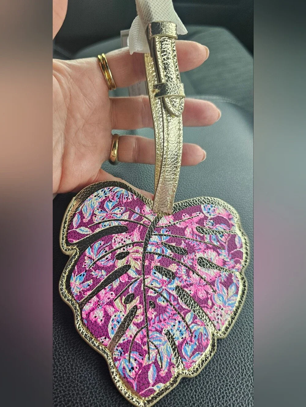 Lilly Pulitzer Blue and White Floral-Style Scrunchie with Pink Leaf Luggage Tag